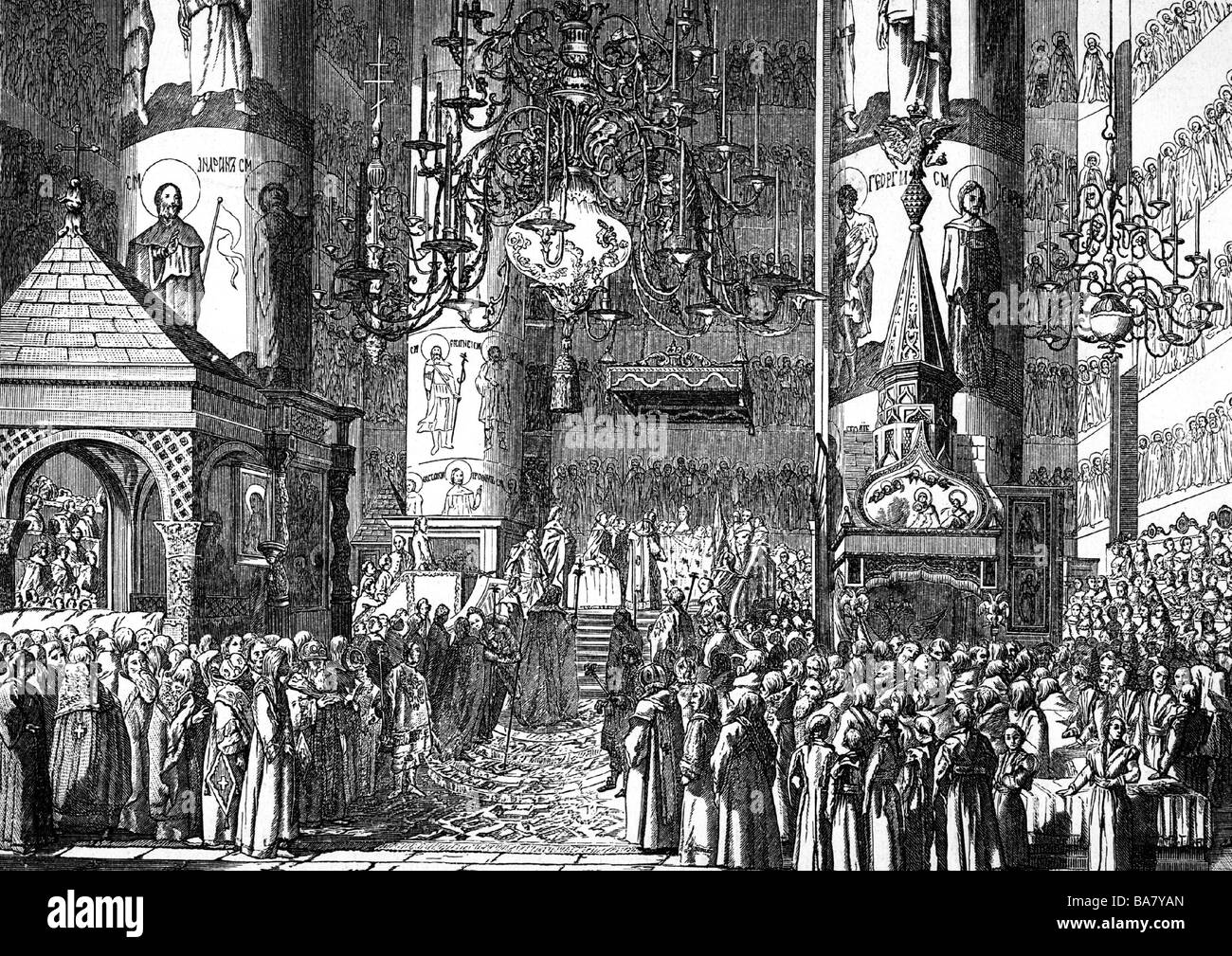 Catherine II les 'grandes', 2.5.1729 - 17.11.1796, l'impératrice de Russie 1762 - 1796, couronnement dans la cathédrale de la Dormition, Kremlin, Moscou, gravure sur cuivre par Aleksey Kulpashnikov, après Jean de ventre, n'a pas d'auteur de l'artiste pour être effacé Banque D'Images