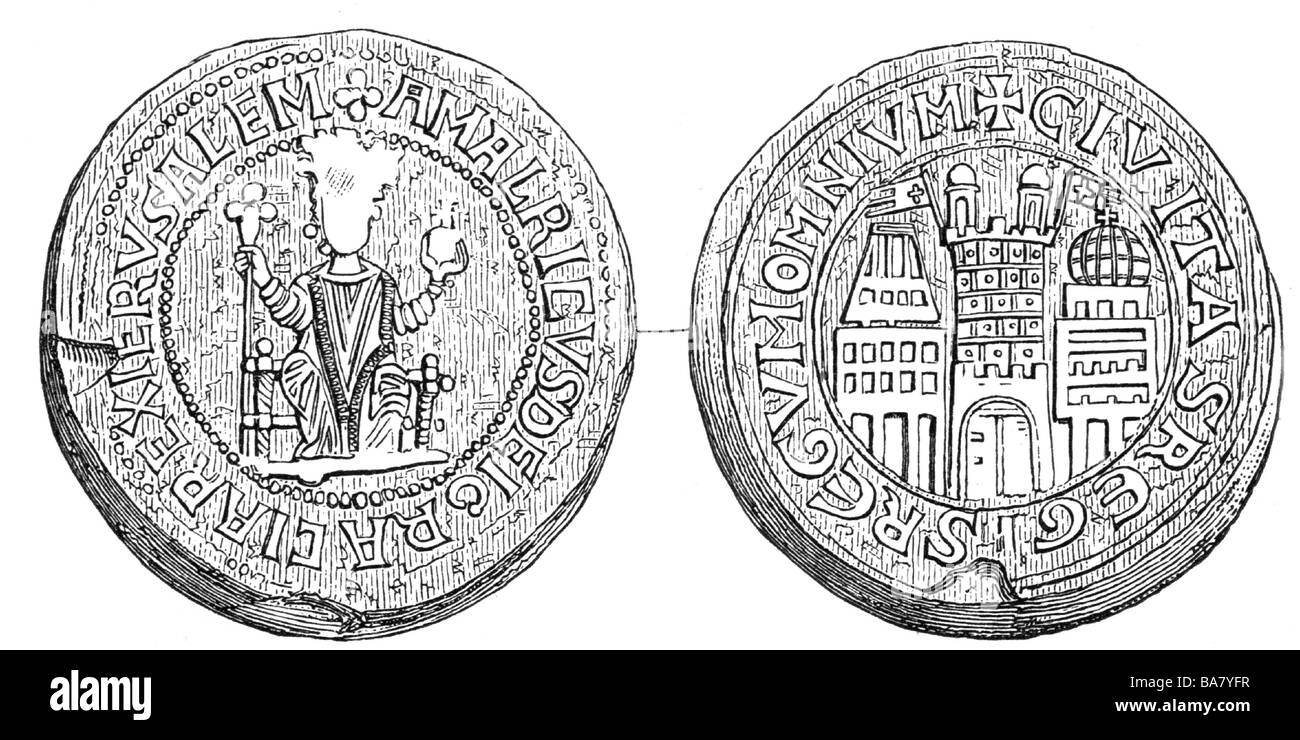 Amaric I de Jérusalem, 1136 - 11.7.1174, roi de Jérusalem depuis 18.2.1162, son sceau, côté avant et arrière avec vue sur la ville de Jérusalem, gravure en bois, XIXe siècle, Banque D'Images