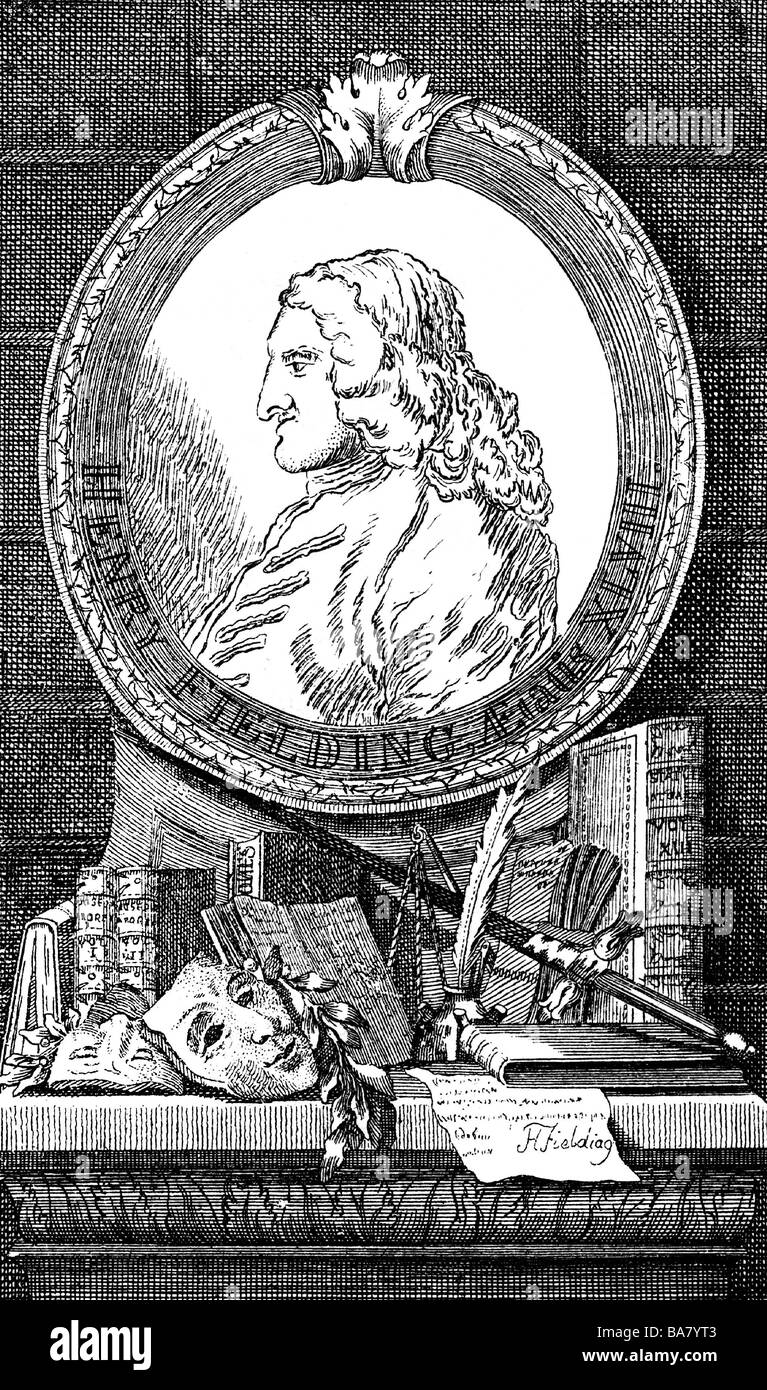 Felding, Henry, 22.4.1707 - 8.10.1754, auteur/écrivain anglais, portrait, vue latérale, avec cadre, gravure après gravure par William Hogarth, , Banque D'Images