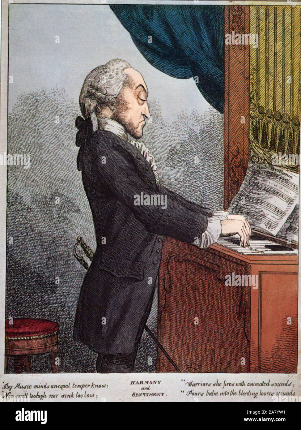 Arne, Thomas Augustine, 12.3.1710 - 5.3.1778, musicien britannique (compositeur), jouant à l'orgue, gravure colorée après Francesco Bartolozzi, XIXe siècle, Banque D'Images