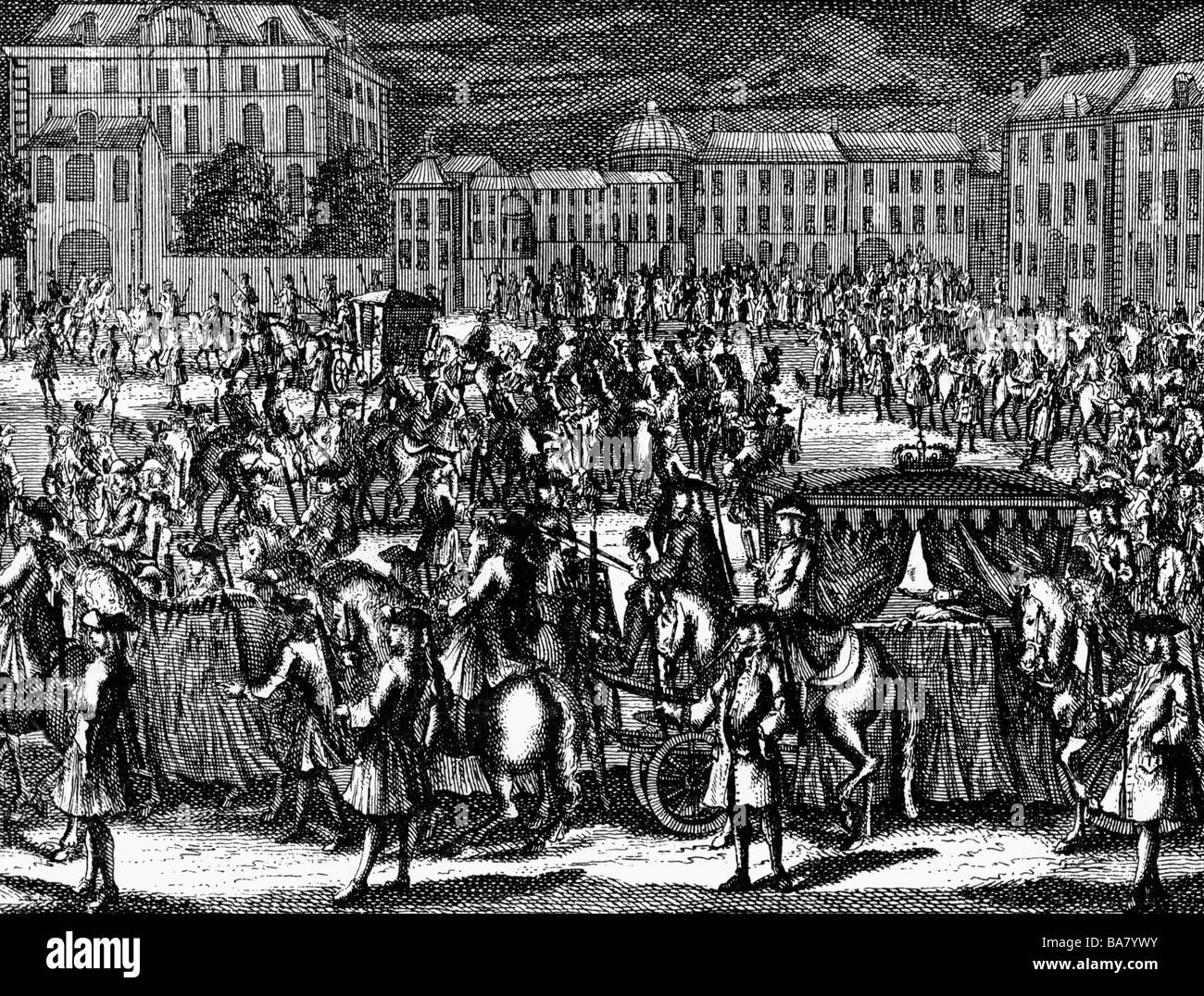 George I, 28.3.1660 - 11.6.1727, le Roi de Grande-Bretagne 1.8.1714 - 11.6.1727, décès, funérailles, Hanovre, 6.9.1727, gravure sur cuivre par Peter Schenk, 1727, , n'a pas d'auteur de l'artiste pour être effacé Banque D'Images