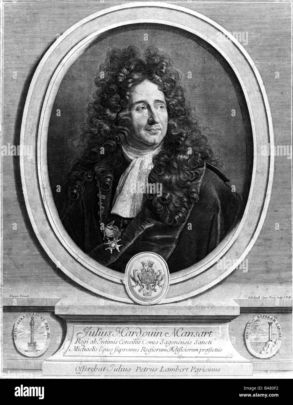 Jules Hardouin-Mansart, 16.4.1646 - 11.5.1708, l'architecte français,  portrait en ovale avec blason, gravure sur cuivre par Edelinck après  peinture par Vivien, auteur de l'artiste n'a pas à être effacée Photo Stock  -