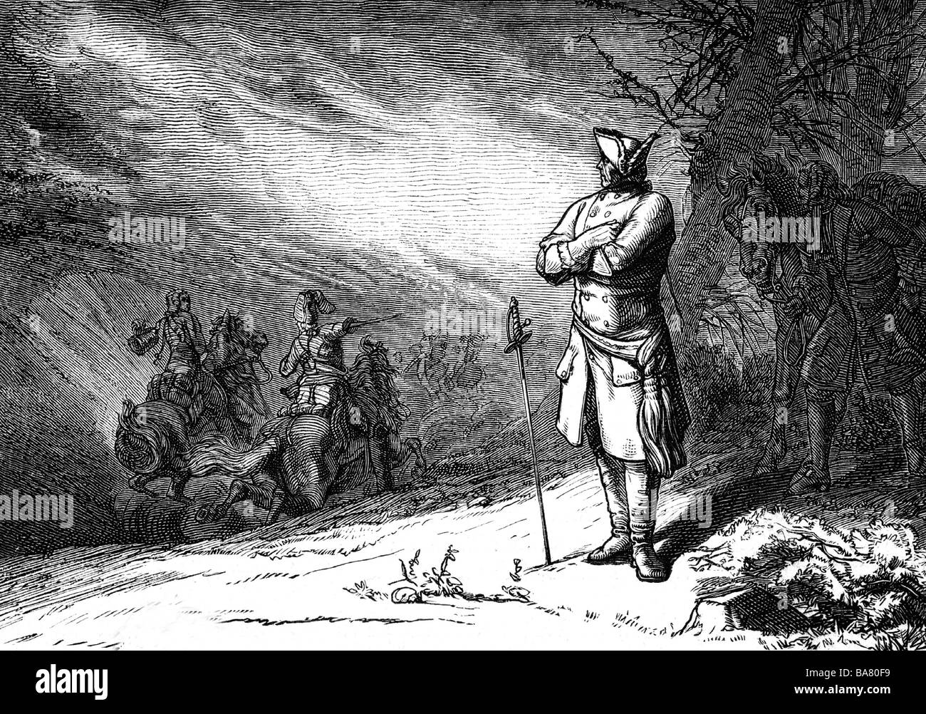 Frederick II 'le Grand', 24.1.1712 - 17.6.1786, roi de Prusse 31.5.1740 - 17.6.1786, pleine longueur, dans la bataille de Kunersforf, 12.8.1759, 'So loin et pas plus loin!', gravure sur bois, XIXe siècle, Banque D'Images