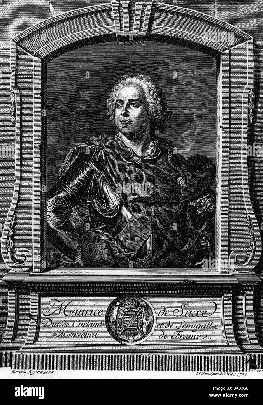 Maurice de Saxe, 28.10.1696 - 30.11.1750, général français, portrait, gravure sur cuivre par J.G. Wille, 1745, après la peinture par Hyacinthe Rigaud, auteur de l'artiste n'a pas à être effacée Banque D'Images