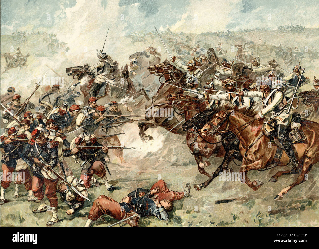 Événements, guerre franco-prussienne 1870 - 1871, Bataille de Mars-la-Tour, 16.8.1870, charge de la Brigade de Bredow, lithographie colorée après peinture par Franz Amling, fin du XIXe siècle, , Banque D'Images