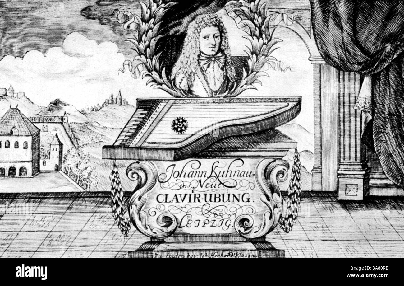 Kuhnau, Johann, 6.4.1660 - 5.6.1772, compositeur allemand, canteur de la Thomaskirche à Leipzig, portrait, avec perruque, page de titre de 'Neue Clavier Ubung', Banque D'Images