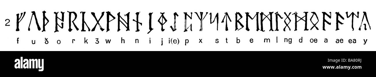 Écriture, écriture, runes, alphabet anglosaxon, après Codex Cambresis, Angleterre, fin du 8ème siècle, avec translittération, gravure de bois, XIXe siècle, runic, lettres, Futhark, âges moyens, Gemanics, anglosaxons, historique, historique, médiéval, Banque D'Images