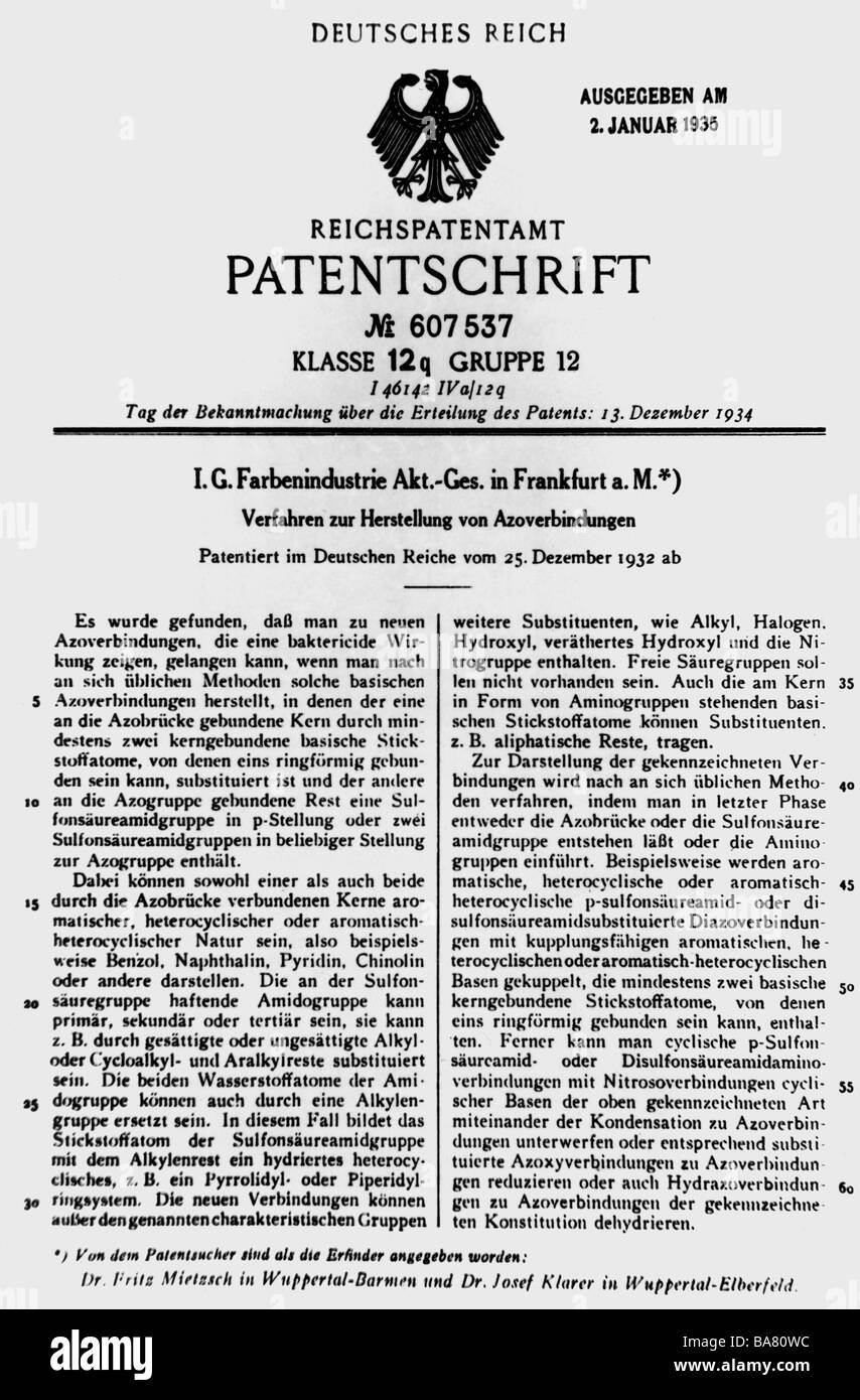 Domagk, Gerhard Johannes Paul, 30.10.1895 - 24.4.1964, pathologiste et bactériologiste allemand, son document de brevet n° 607537, pour Prontosil, premier Sulfonamid, 25.12.1932, Banque D'Images