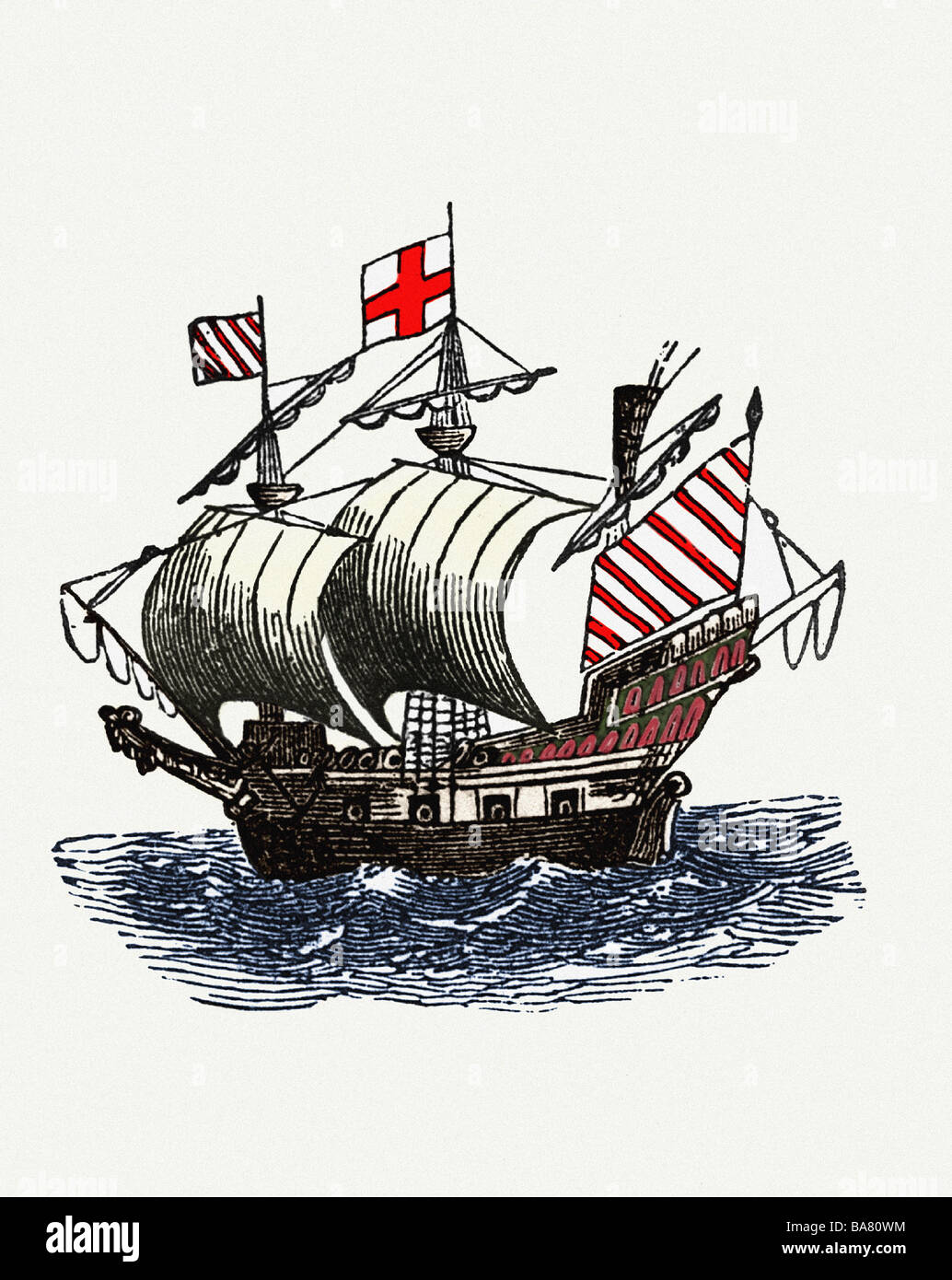 Raleigh, Walter, 1552 - 29. 10.1618, navigateur anglais et auteur/écrivain, son navire, image historique, gravure en bois, XIXe siècle, plus tard coloré, Banque D'Images