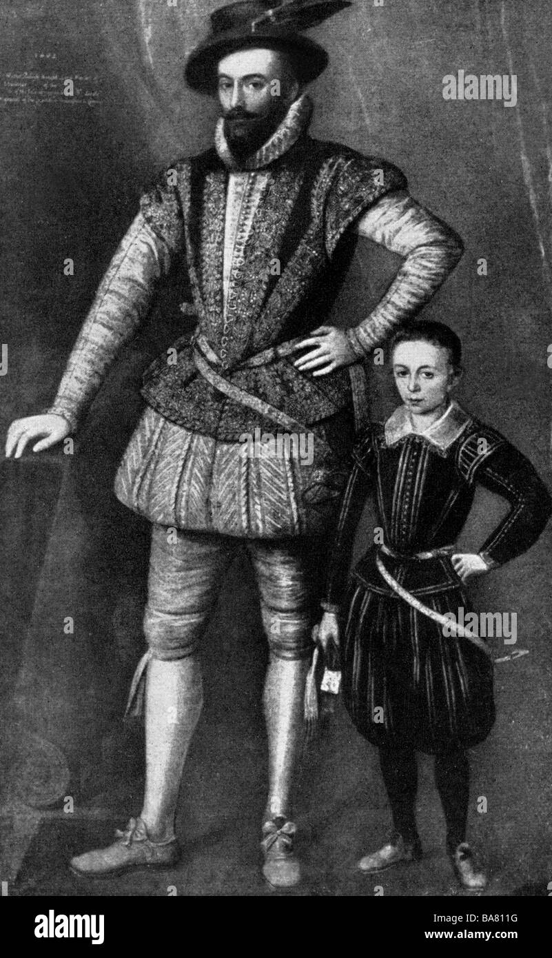 Raleigh, Walter, 1552 - 29. 10,1618, navigateur anglais et auteur/écrivain, pleine longueur, avec son fils Walter, après peinture, 1602, l'artiste n'a pas d'auteur pour être effacé Banque D'Images