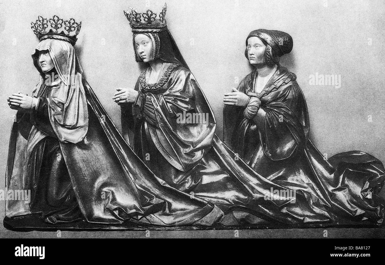 Christina de Saxe, 25.12.1461 - 8.12.1521, Reine Consort du Danemark, Suède et Norvège, demi-longueur, en tant que veuve, avec la Reine Isabella d'Autriche (épouse de Christian II du Danemark) et Elizabeth (fille de Christina), figures de Claus Berg, Odense, Danemark, vers 1520, Banque D'Images