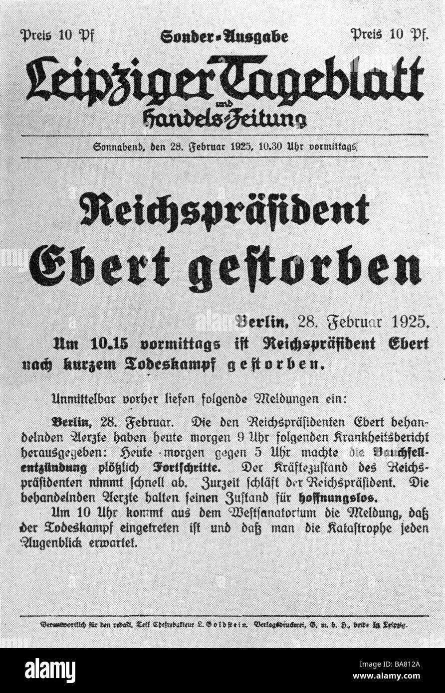 Ebert, Friedrich, 4.2.1871 - 28.2.1925, politicien allemand (SPD), Président de l'Allemagne 11.2.1919 - 28.2.1925, mort, édition spéciale de 'Leipziger Tageblatt', 28.2.1925, Banque D'Images