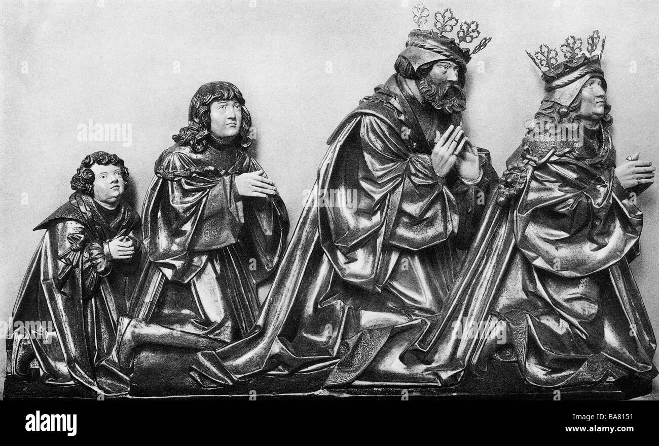 Christian II, 1.6.1481 - 25.1.1559, roi du Danemark 1513 - 1520, demi-longueur, avec le roi Hans du Danemark et les princes Francis et Hans du Danemark, figures de Claus Berg, Odense, Danemark, vers 1520, Banque D'Images