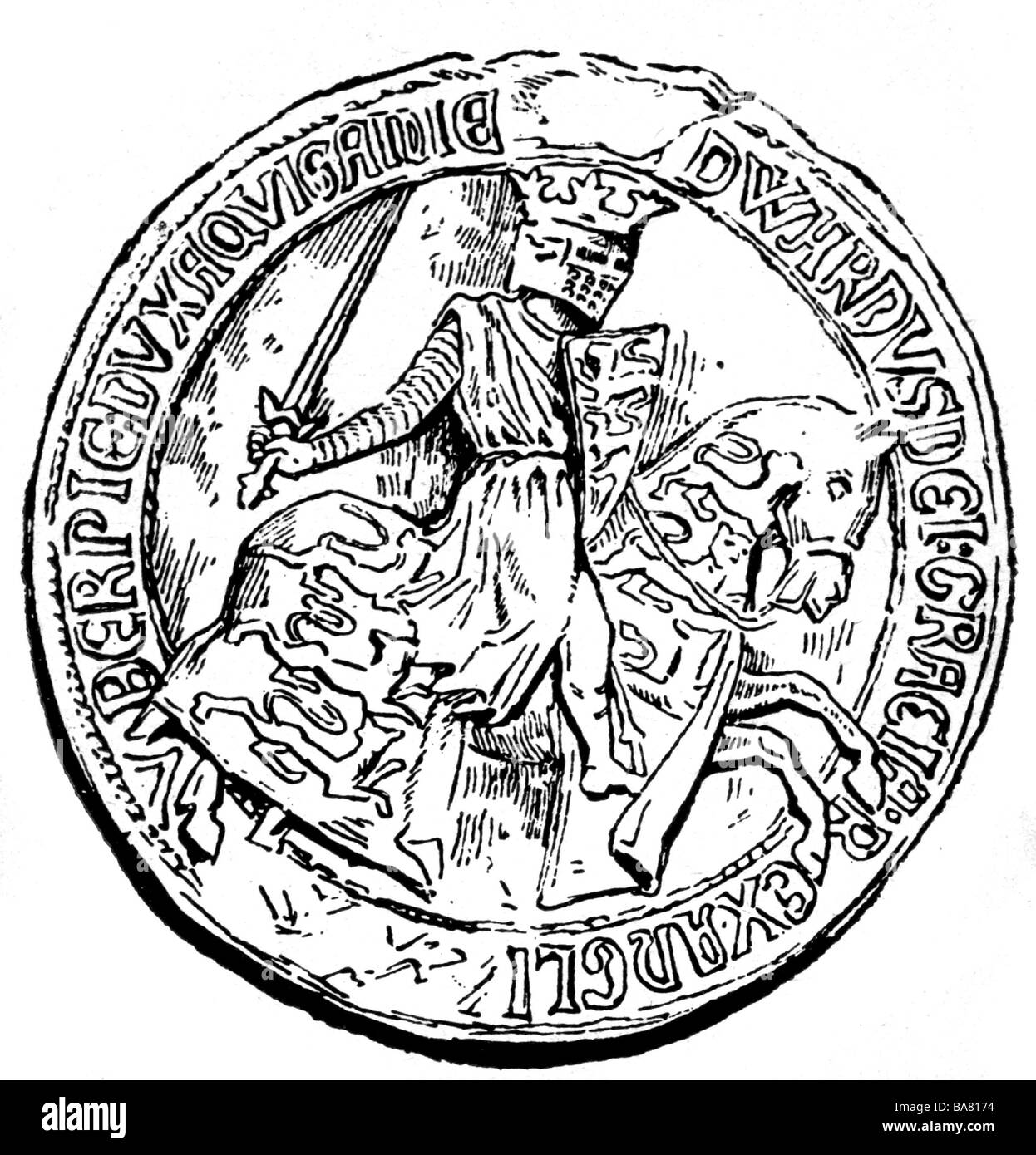 Edward III, 13.11.1312 - 21.6.1377, roi d'Angleterre depuis 25.1.1327, pleine longueur, équitation, dessin après son sceau, Banque D'Images