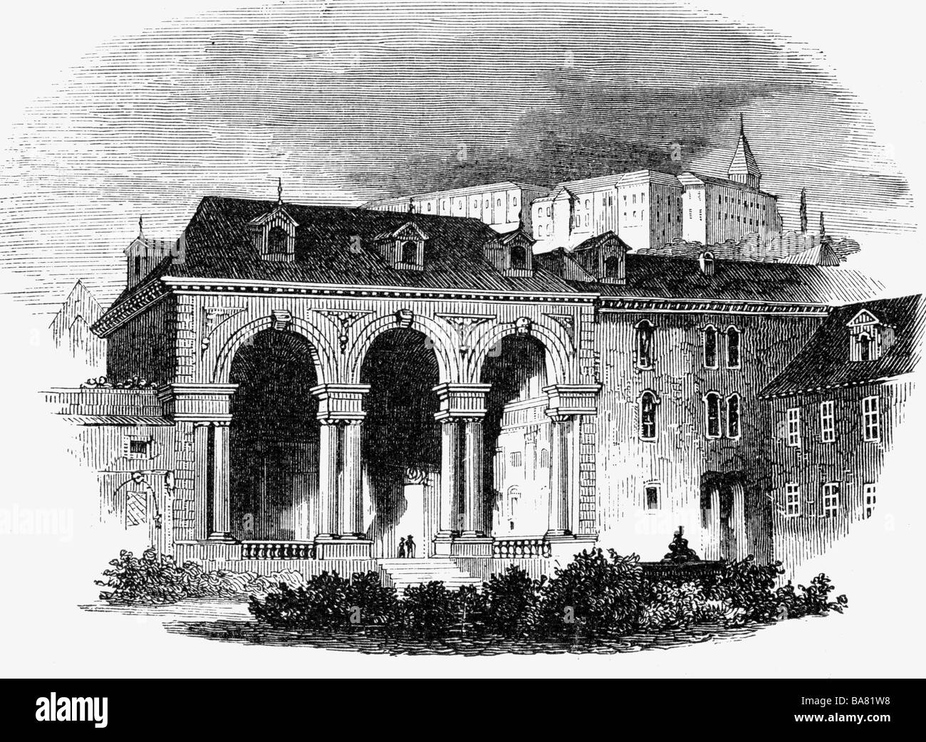 Géographie / voyages, Tchéquie, Prague, Palais Wallenstein, (Valdstejnsky Palac), parc, Loggia, vue extérieure, gravure en bois, XIXe siècle, Waldstein, architecture, baroque bohémien, Bohême, double monarchie, Autriche-Hongrie, historique, peuple, Banque D'Images