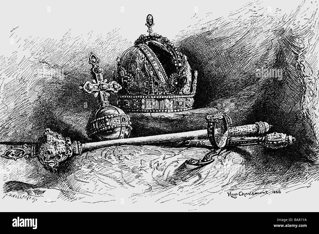 Juwellery, joyaux de la couronne, Imperial Regalia de l'époque de l'empereur Matthias 1612 - 1619, gravure en bois après dessin par Hugo Charlemont, 1886, Empire romain Saint, couronne, orbe, sceptre, Allemagne, XVIIe siècle, historique, historique, Banque D'Images