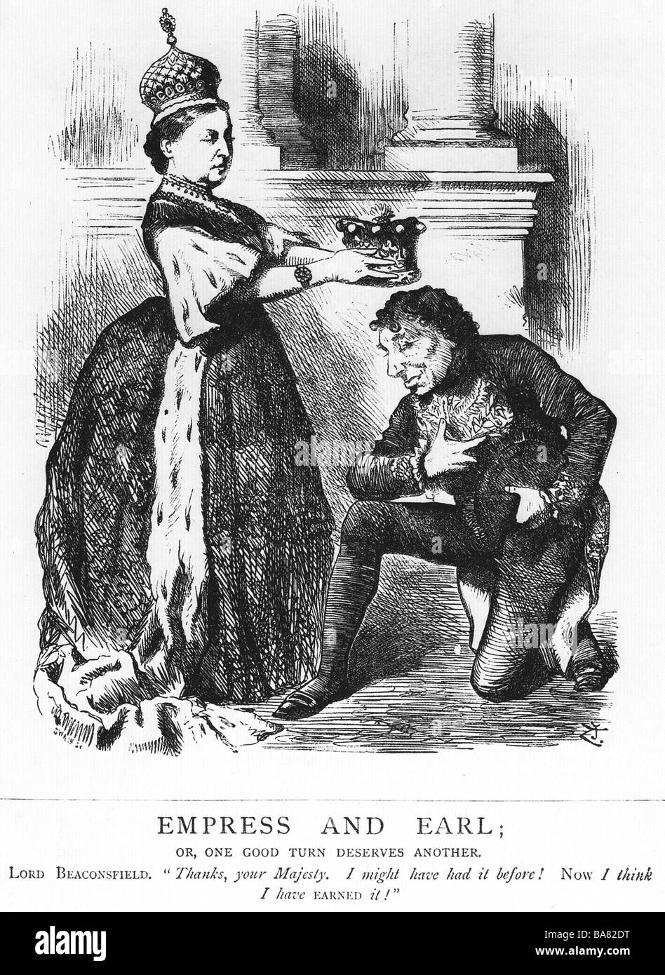 BENJAMIN DISRAELI - caricature satirique de la reine Victoria créer Disraeli comme comte de Beaconsfield en 1876 Banque D'Images