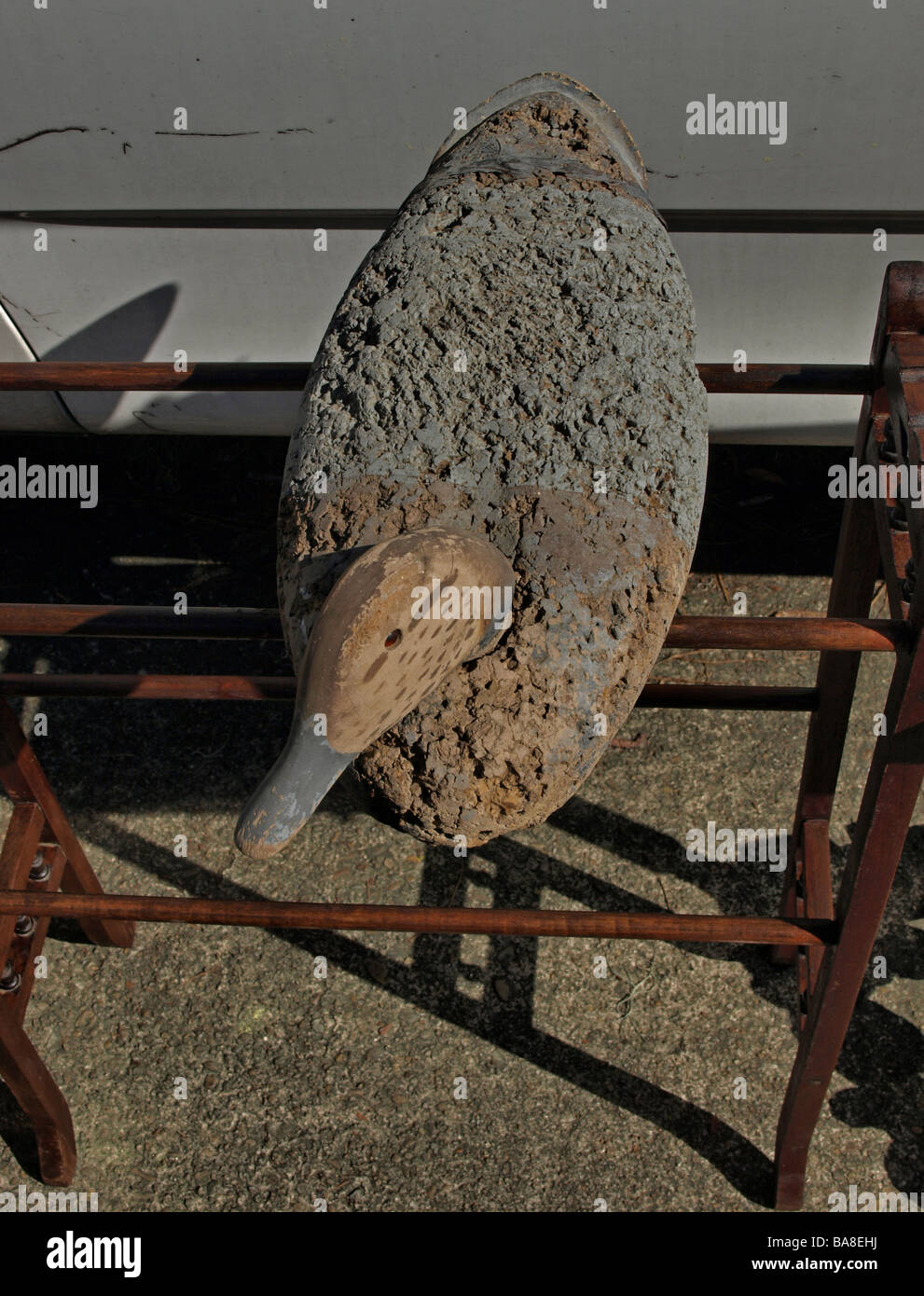 Canard en bois sculpté patiné pour la chasse leurres assis sur rack pour la vente aux enchères, gris et brun, de haut en bas vue Banque D'Images