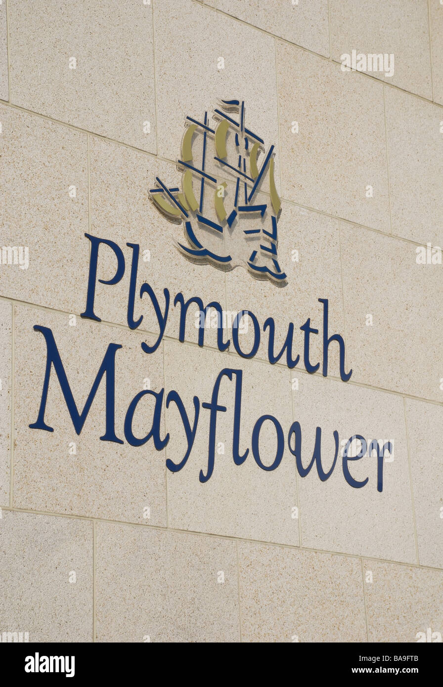 Plymouth navire Mayflower Barbican, signe, Plymouth, Devon, UK Banque D'Images