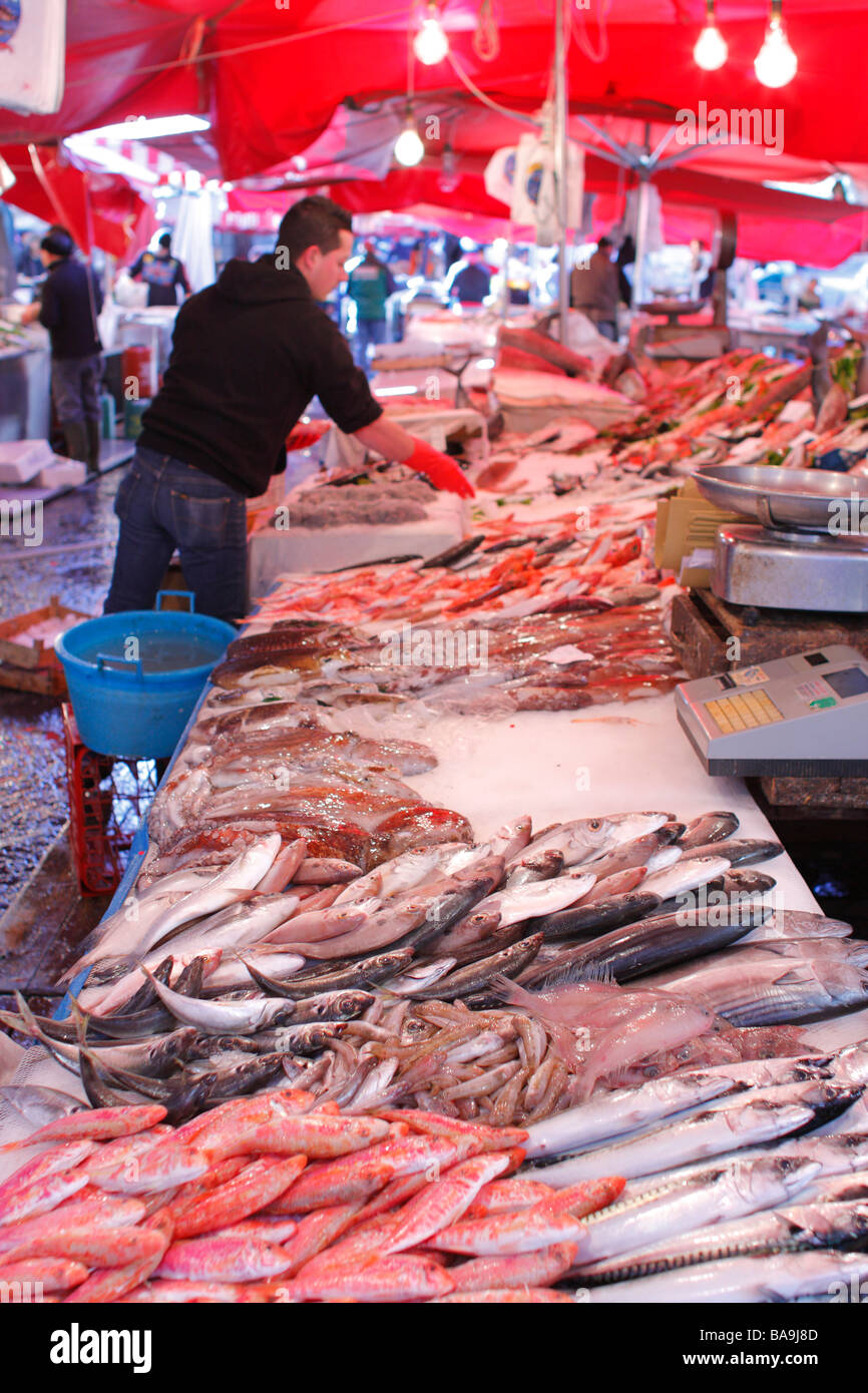 Marché aux poissons, la place du Duomo, Catane, Sicile, Italie Banque D'Images