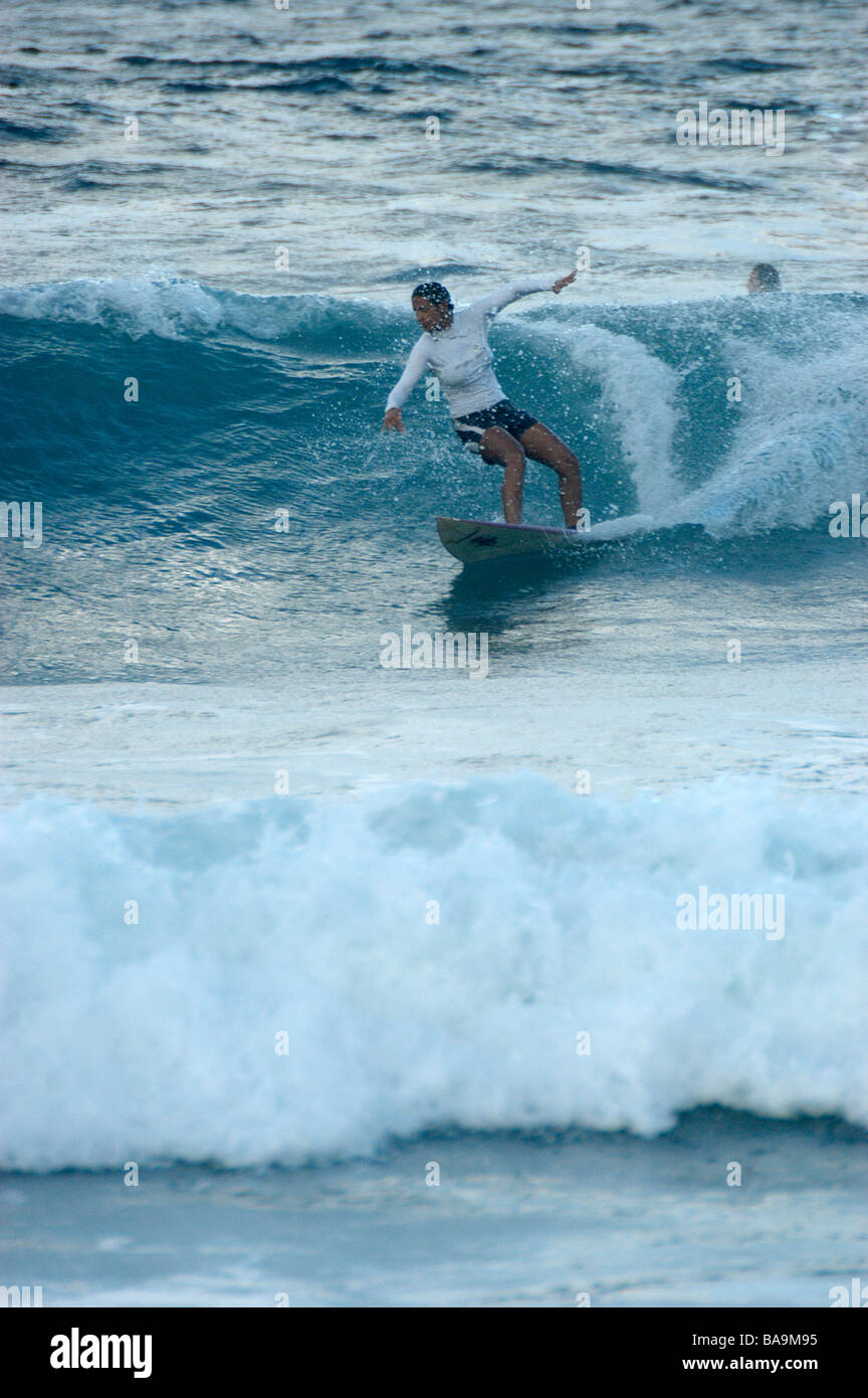 Manèges d'un surfer les vagues à plage de Bathsheba Barbade Banque D'Images