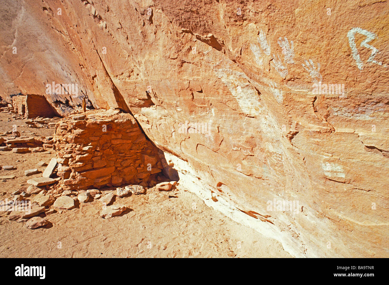 Main imprime et greniers Anasazi à Turquie Pen ruine Grand Gulch Zone Primitive Utah Banque D'Images