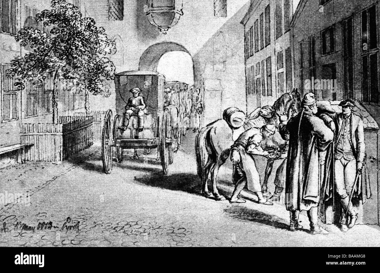 Chodowiecki, Daniel, 16.10.1726 - 7.2.1801, polonais - peintre et graveur allemand, son œuvre, 'Tagebuch einer Reise von Berlin nach Danzig', raquette son cheval à Pyritz, dessin, 1773, Banque D'Images