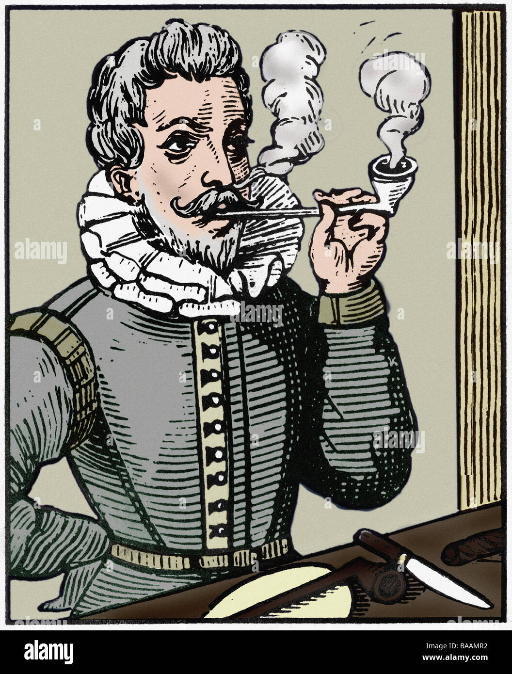 Raleigh, Walter, vers 1554 - 29. 10.1618, navigateur anglais, fumage pipe, coupe de bois, XVIIe siècle, plus tard coloré, , Banque D'Images