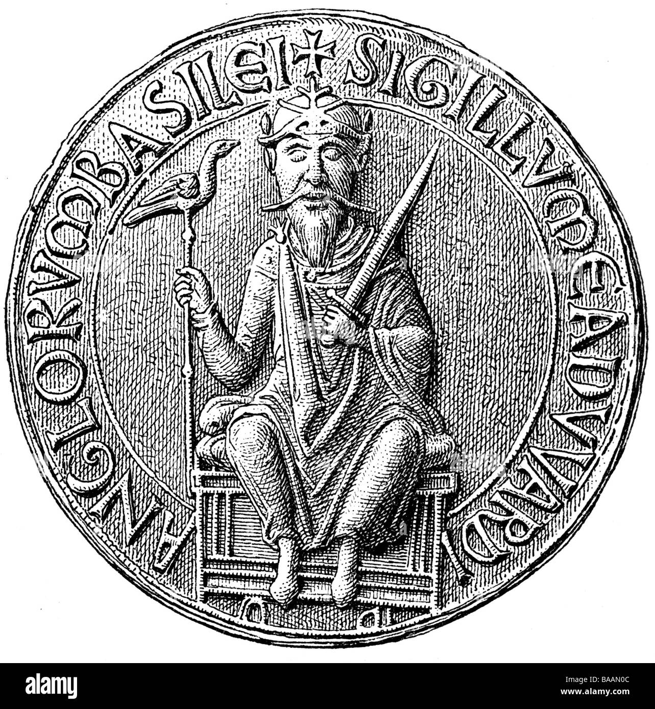 Edward 'The Confesseur', vers 1003 - 5.1.1066, roi d'Angleterre depuis 1042, saint, demi-longueur, son sceau, gravure de bois après impression de l'original, British Museum London, Banque D'Images