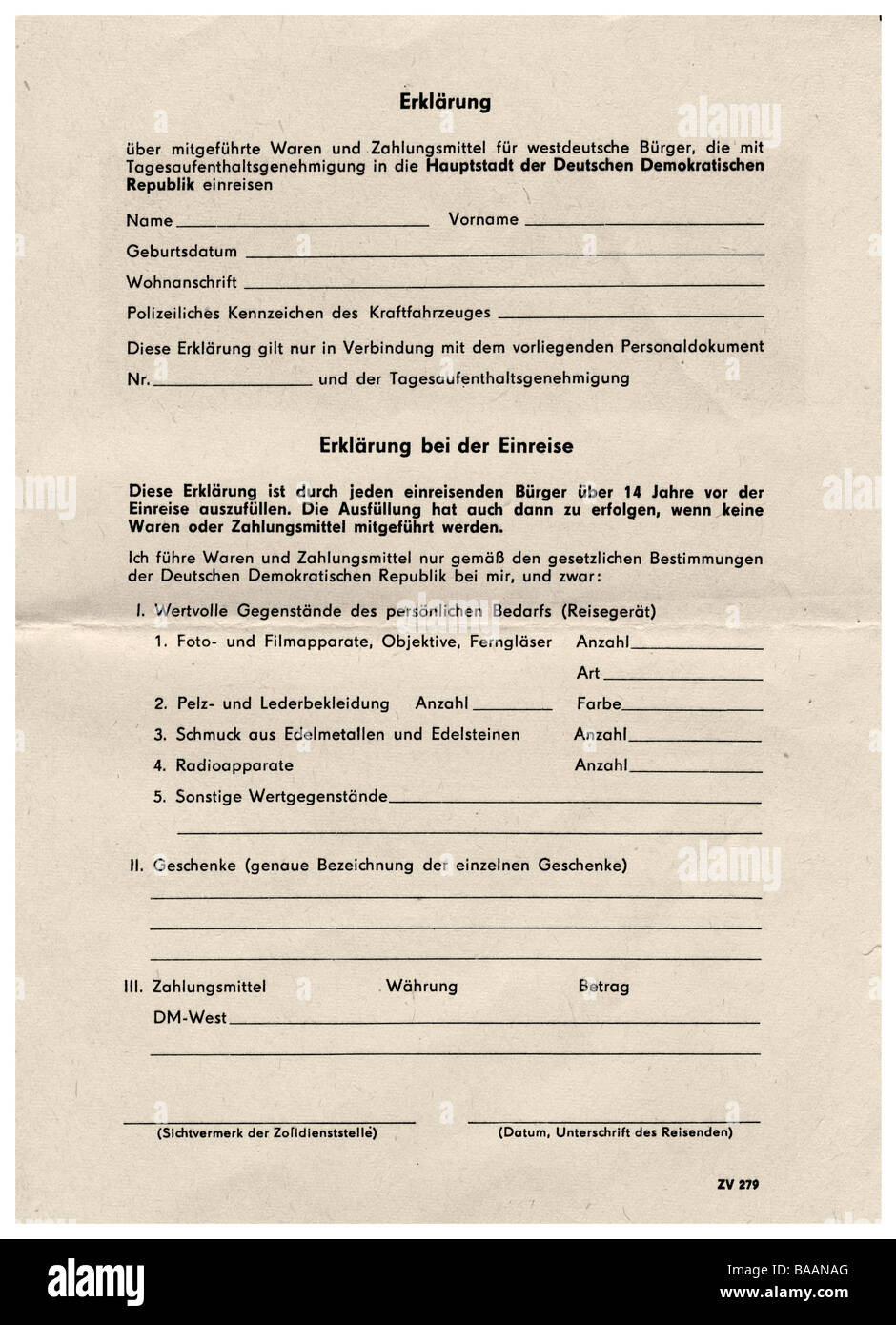 Géographie / voyages, Allemagne, Allemagne de l'est, dokuments, déclaration pour l'entrée en République démocratique allemande à partir du 1.7.1967, Banque D'Images