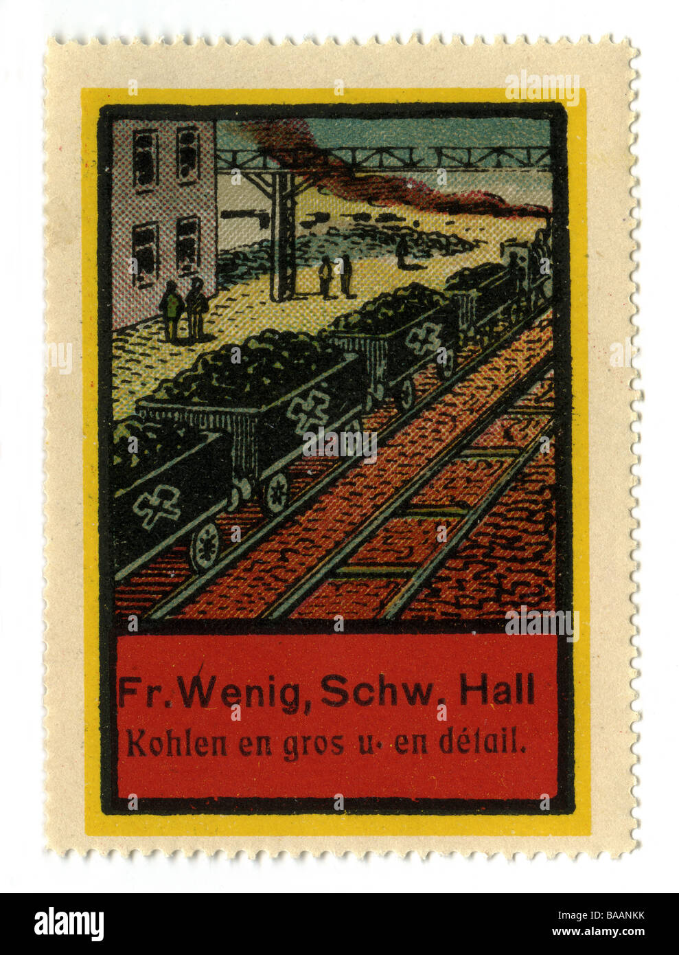 Publicité, timbres, commerce du charbon FR. Wenig, Schwabaian Hall, Allemagne, Vers 1910, Banque D'Images