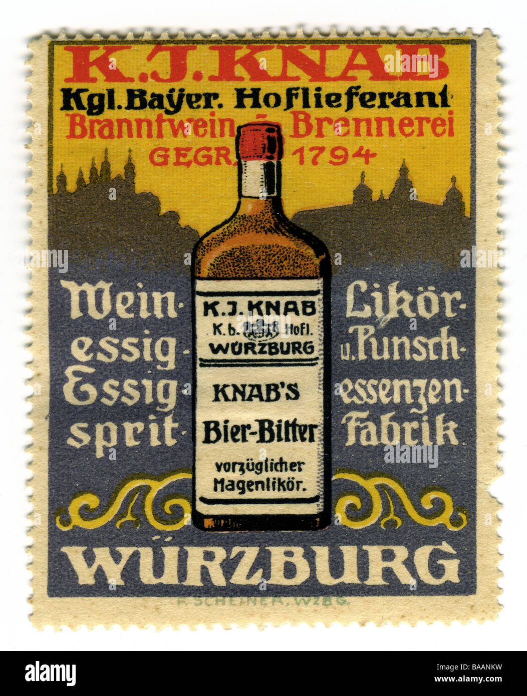 Publicité, timbres, 'Branntwein Brennerei K. J. Knab', Würzburg, Allemagne, vers 1910, Banque D'Images