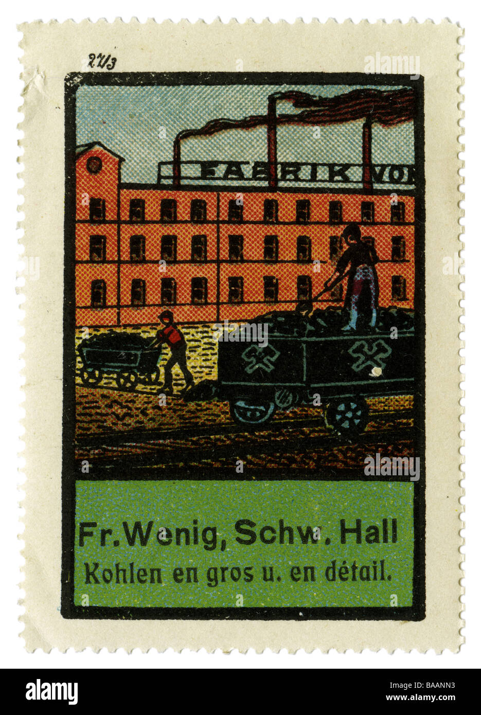 Publicité, timbres, commerce du charbon FR. Wenig, Schwabaian Hall, Allemagne, Vers 1910, Banque D'Images