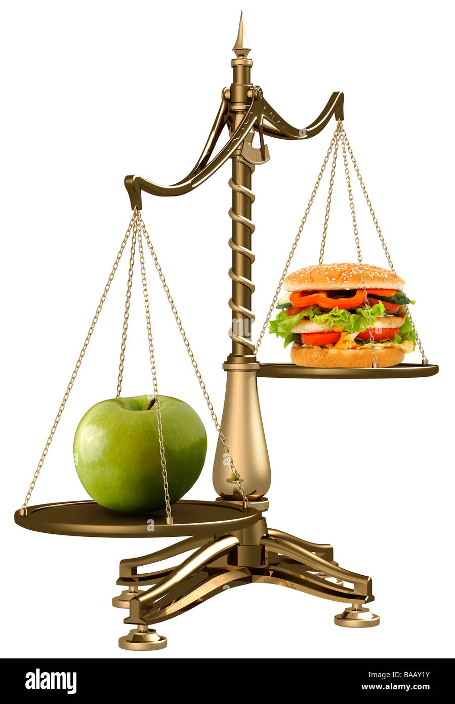 Hamburger et Apple sur des échelles de poids Banque D'Images
