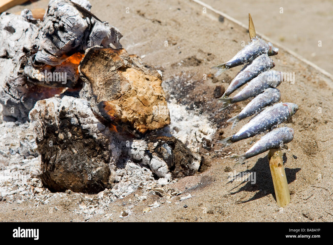 Sardines cuisson sur feu ouvert dans un restaurant de plage, Fuengirola, Costa del Sol, Andalousie, Espagne Banque D'Images