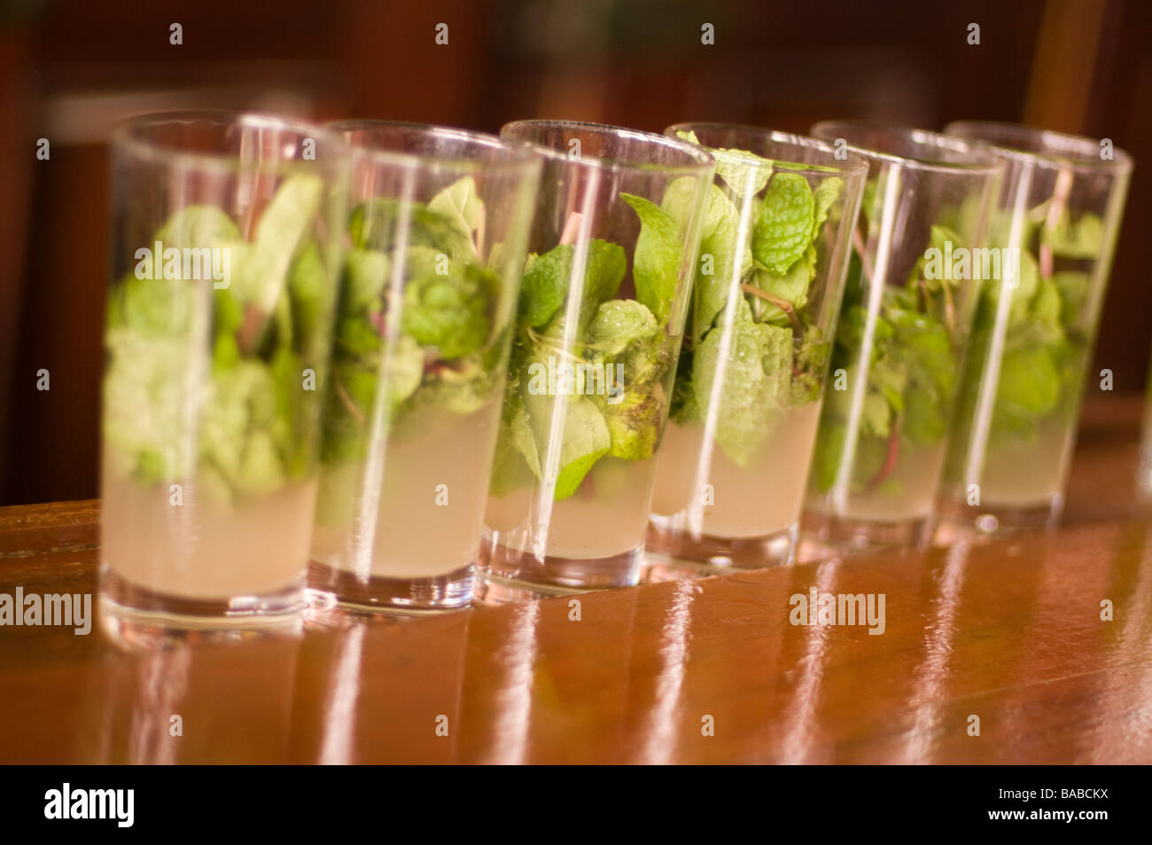 Une rangée de mojitos prêt à boire dans un bar de La Havane, Cuba Banque D'Images