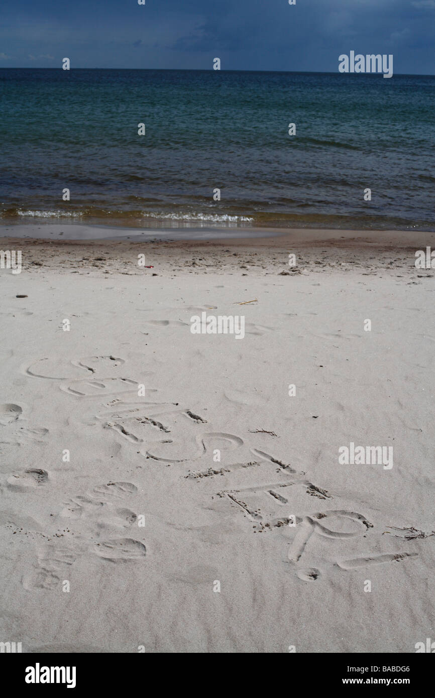 Texte dans le sable Oland, Sweden Banque D'Images