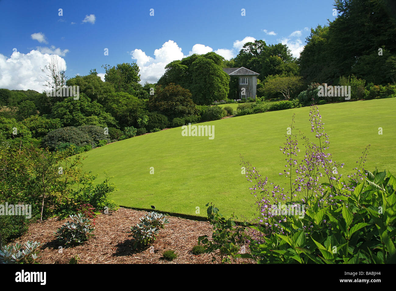 La pelouse devant la maison du jardin à Buckland Monachorum, Devon, England, UK Banque D'Images
