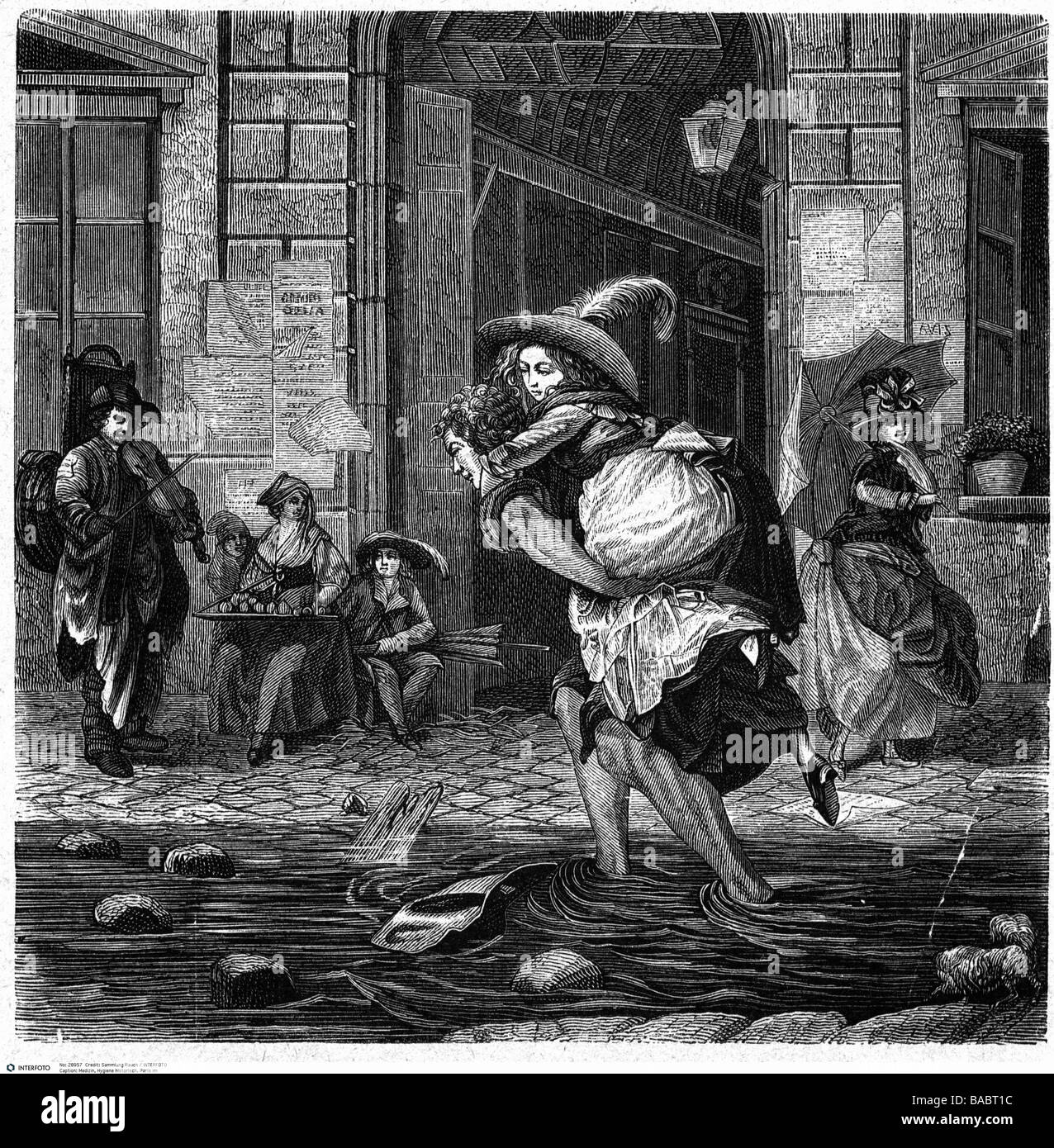 Médecine, hygiéniques, saleté, rues inondées à Paris pendant la pluie, XVIIIe siècle, femme de carring d'homme de l'autre côté de la rue, gravure en bois, XIXe siècle, ville, gens, ordures, inondation, régime ancien, France, historique, femmes, femmes, hommes, hommes, hommes, Banque D'Images