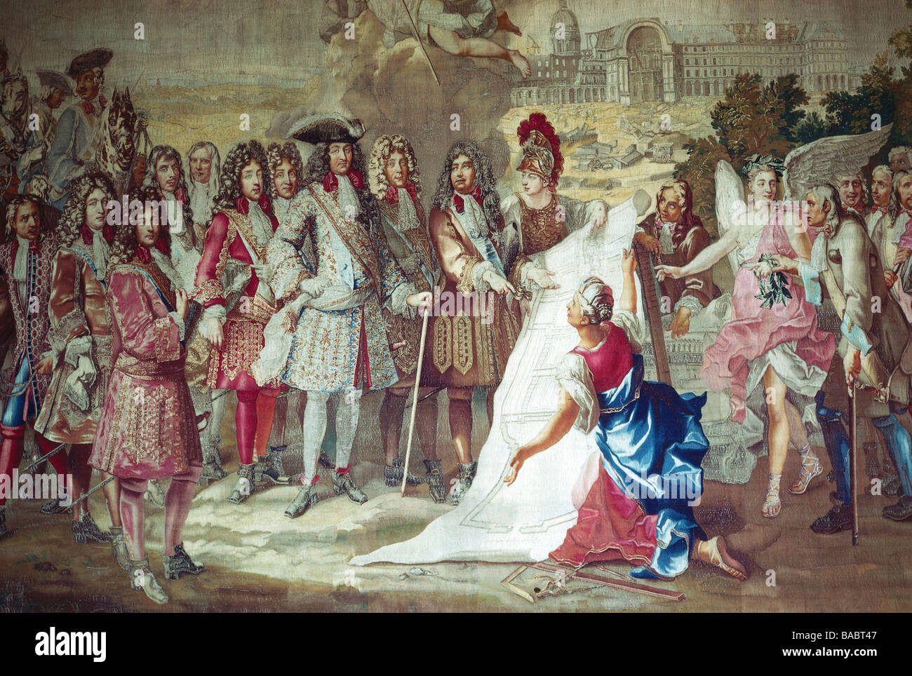 Louis XIV, 5.9.1638 - 1.9.1715, roi de France 14.5.1643 - 1.9.1715, pleine longueur, lors de la construction de l'Hôtel des Invalides à Paris, l'allégorie, tapisserie Gobelin, "Histoire du Roi', série 1716 - 1724, adaptée de la peinture par Pierre Dulin, 1674, château de Versailles, l'artiste n'a pas d'auteur pour être effacé Banque D'Images