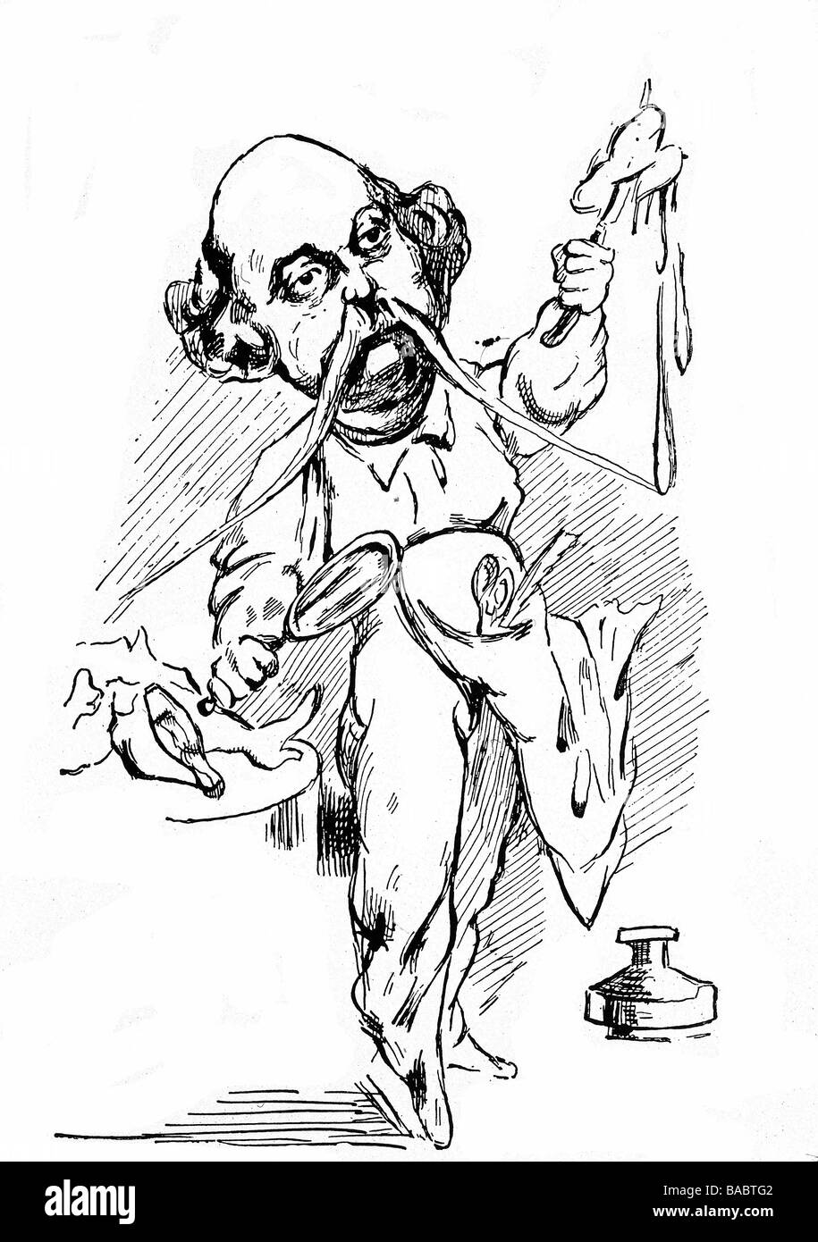 Flaubert, Gustave, 12.12.1821 - 8.5.1880, auteur/écrivain français, pleine longueur, caricature 'Flaubert dissecting Emma Bovary', par Lemot, la Parodie, 1869, Banque D'Images