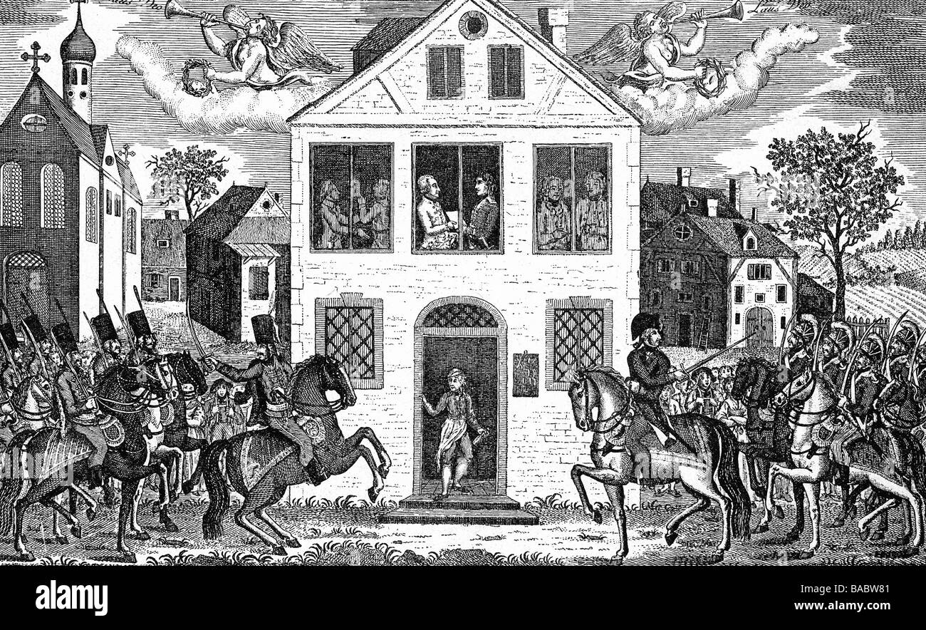 Événements, guerre de la première coalition 1792 - 1797, paix de Campo Formio, 17.10.1797, dépliant allemand, gravure en cuivre de Fielta and Co, Kriegshaber, Augsburg, 1797, guerres révolutionnaires françaises, empereur François II, général Napoléon Bonaparte, traité, politique, Autriche, Empire romain Saint, Italie, campagne italienne, XVIIIe siècle, historique, peuple, peuple historique, peuple Banque D'Images