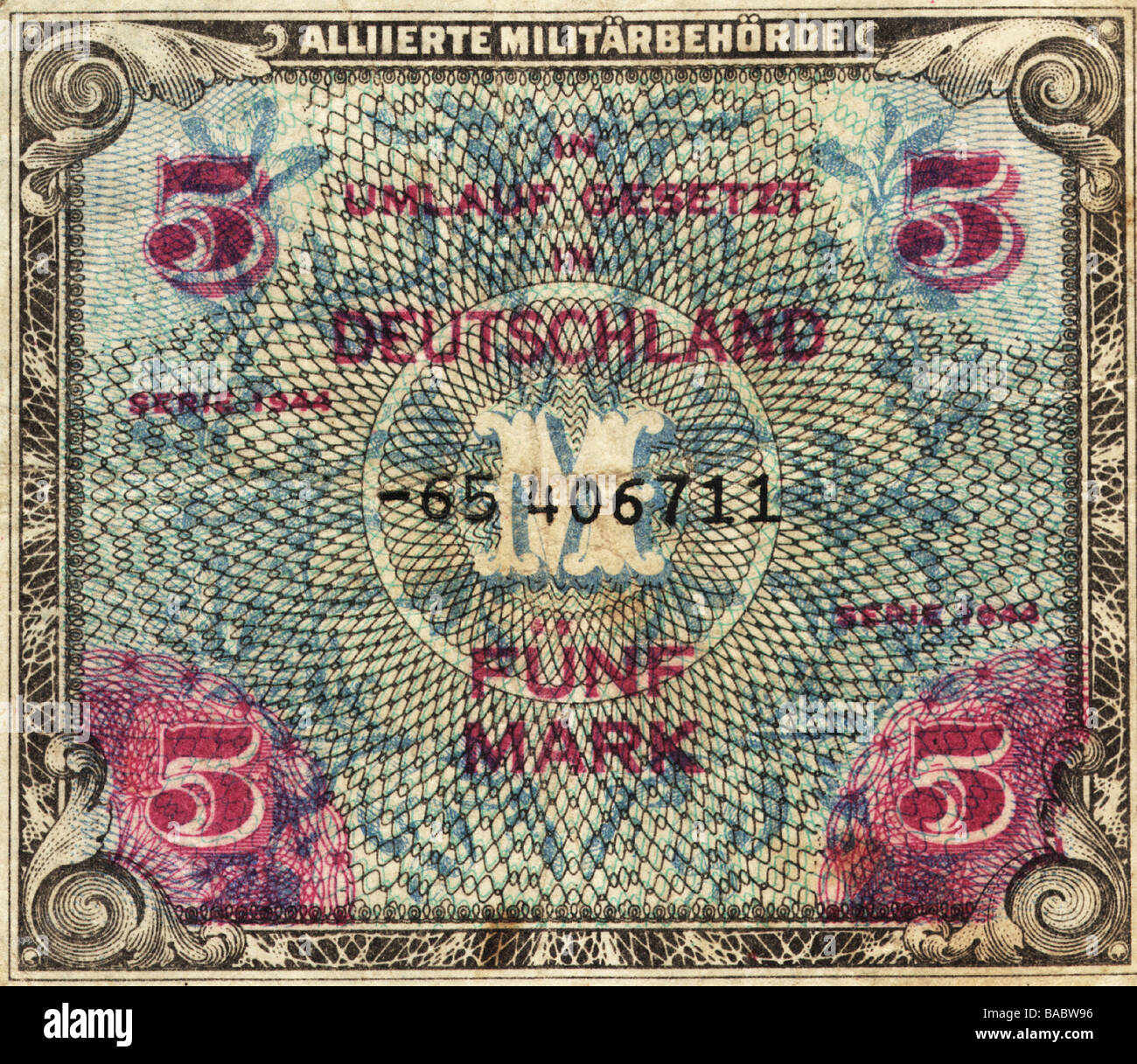 Argent / finance, billets de banque, Allemagne, 5 Reichsmark, facture du gouvernement militaire allié, série 1944, Banque D'Images