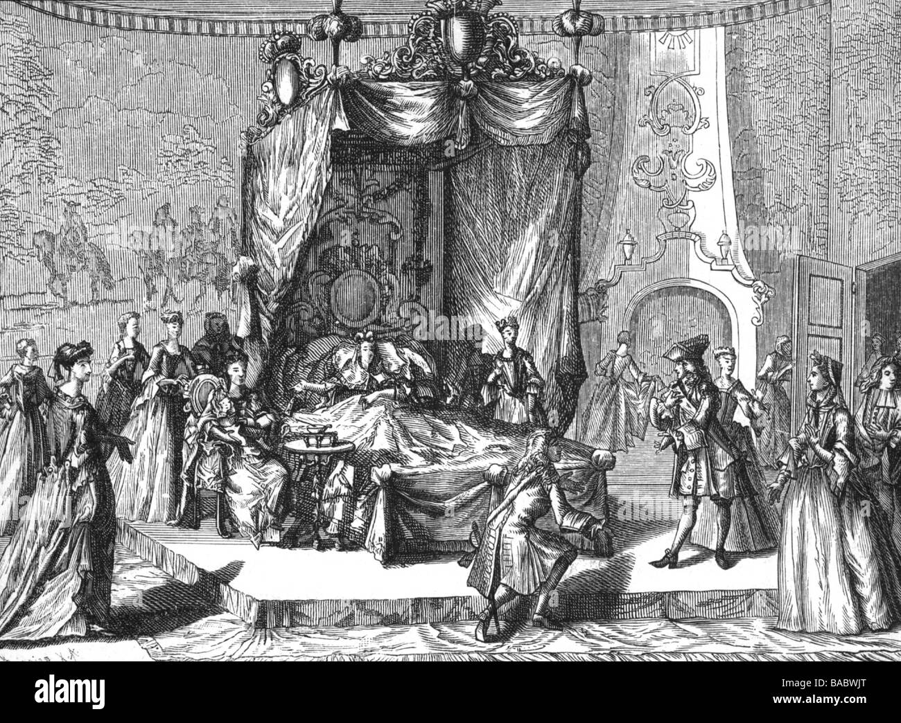 Frederick William I, 14.8.1688 - 31.5.1740, roi en Prusse 25.2.1713 - 31.5.1740, pleine longueur, visite de sa femme Sophie Dorothea après la naissance de sa fille Anna, 9.11.1723, gravure par Peter Schenk le Jeune, Banque D'Images