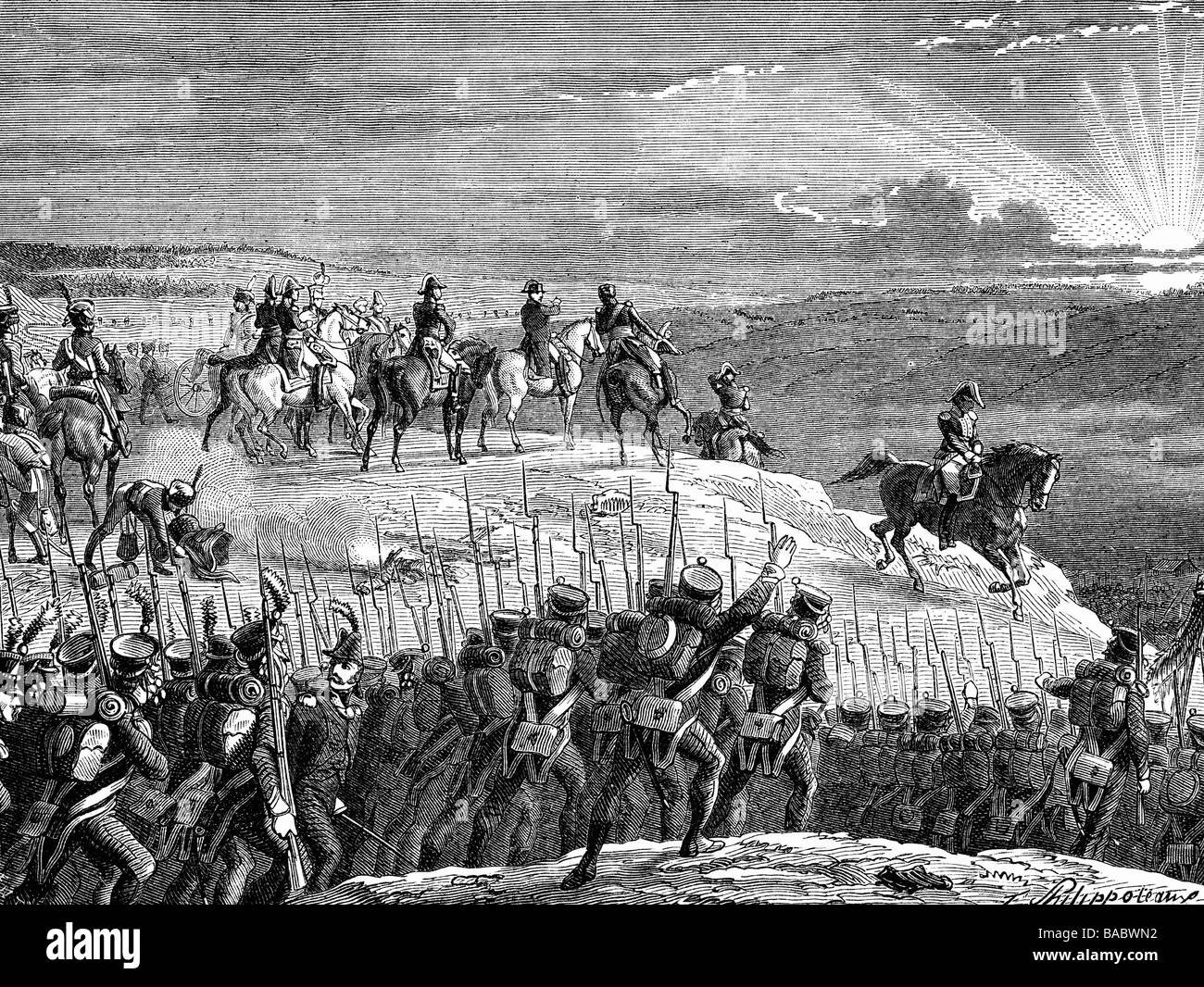 Événements, guerre de la troisième coalition 1805, Bataille d'Austerlitz, 2.12.1805, empereur Napoléon donnant l'ordre d'attaquer, gravure de bois après peinture par Felix Philipoteaux (1815 - 1884), Bonaparte, lever du soleil, guerres napoléoniennes, Russie, Autriche, Moravie, cavalerie, glace, briser, hiver, XIXe siècle, historique, peuple, Banque D'Images