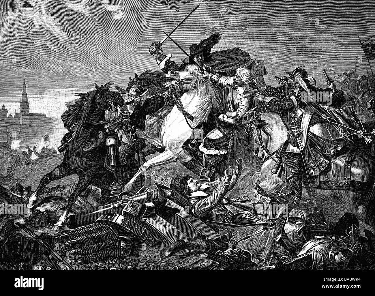 Horn, Gustav, 22.10.1592 - 10.5.1657, général suédois, capturé par la cavalerie bavaroise pendant la bataille de Noerdlingen, 6.9.1634, gravure sur bois, XIXe siècle, , Banque D'Images