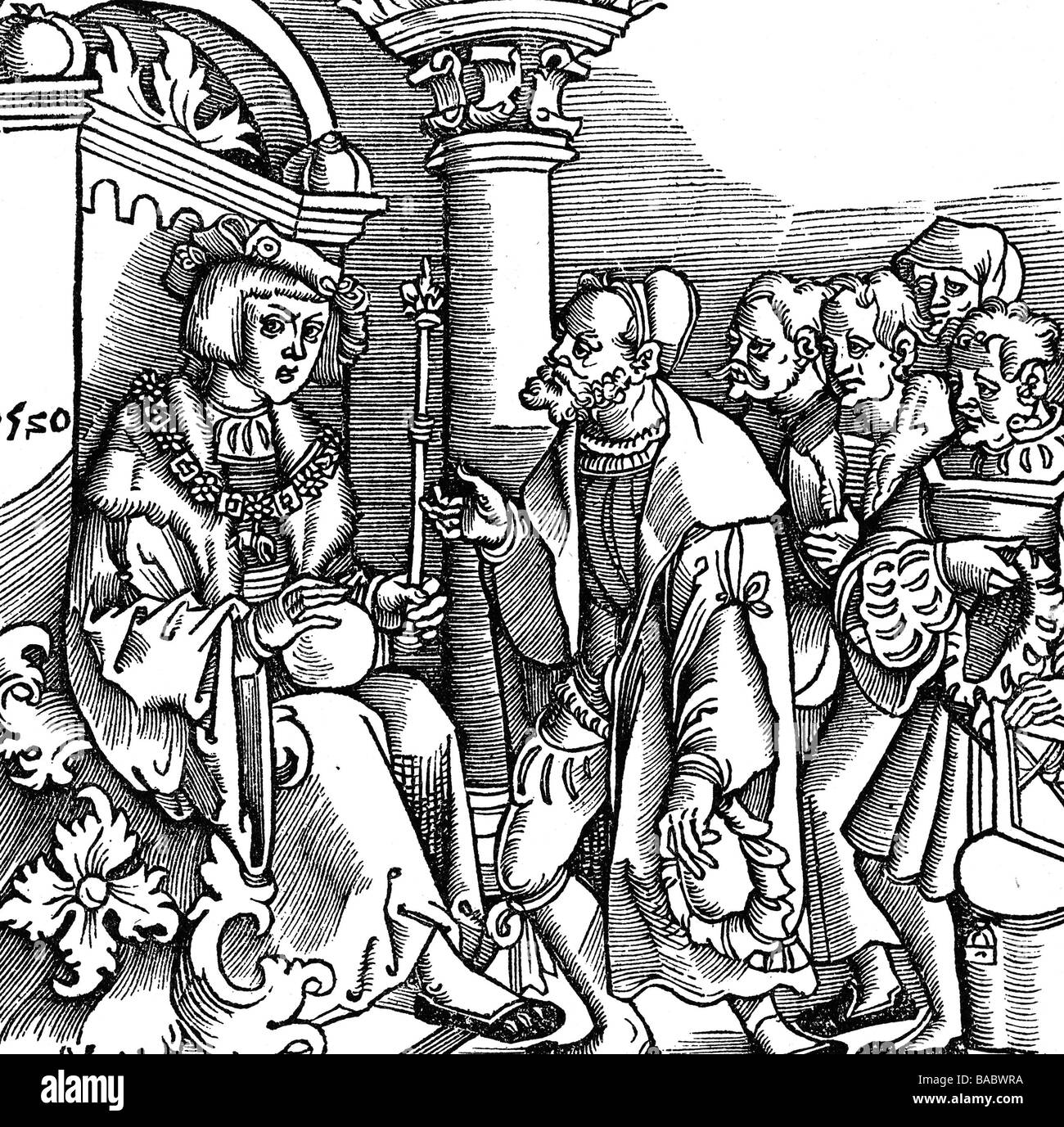 Charles V, 24.2.1500 - 21.9.1558, empereur romain Saint 26.10.1530 - 12.9.1556, nobilty nad citoyens apportant leurs plaintes, woodcut, 1520, , Banque D'Images