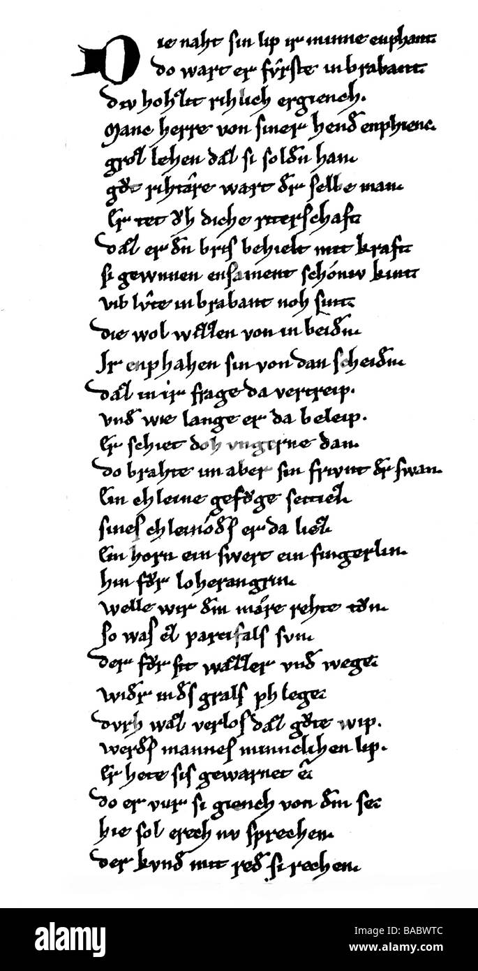 Wolfram von Eschenbach, vers 1175 - vers 1220, chevalier allemand, minnesinger, œuvres, manuscrit le plus ancien de 'Parzival', adieu de Lohengrin, Banque D'Images
