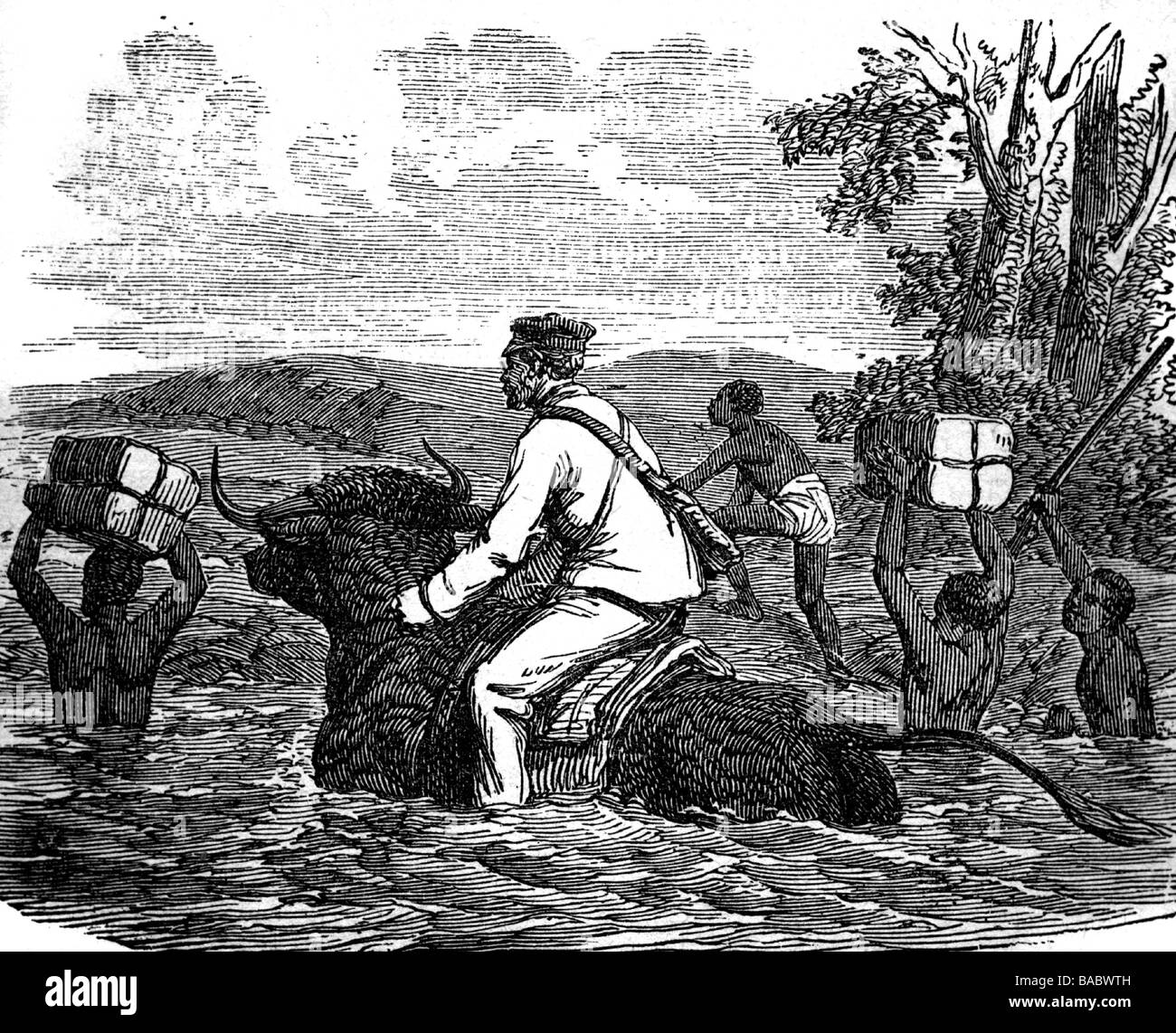 Livingstone, David, 19.3.1813 - 1.5.1873, découvreur et missionnaire britannique, demi-longueur, pendant le passage de rivière, gravure en bois, 2ème moitié du XIXe siècle, Banque D'Images