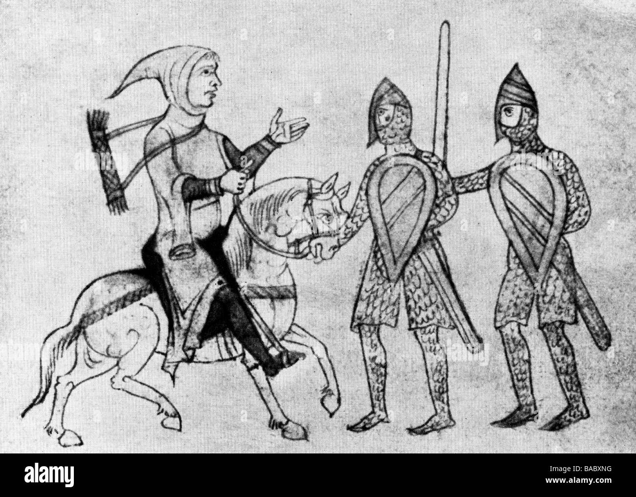Richard I 'The Lionheart', 13.9.1157 - 6.4.1199, roi d'Angleterre 2.9.1189 - 6.4.1199, arrêté sur le chemin de la maison de la Terre Sainte, Autriche, 1192, après miniature, Eulo Manuscript, 1197, , Banque D'Images